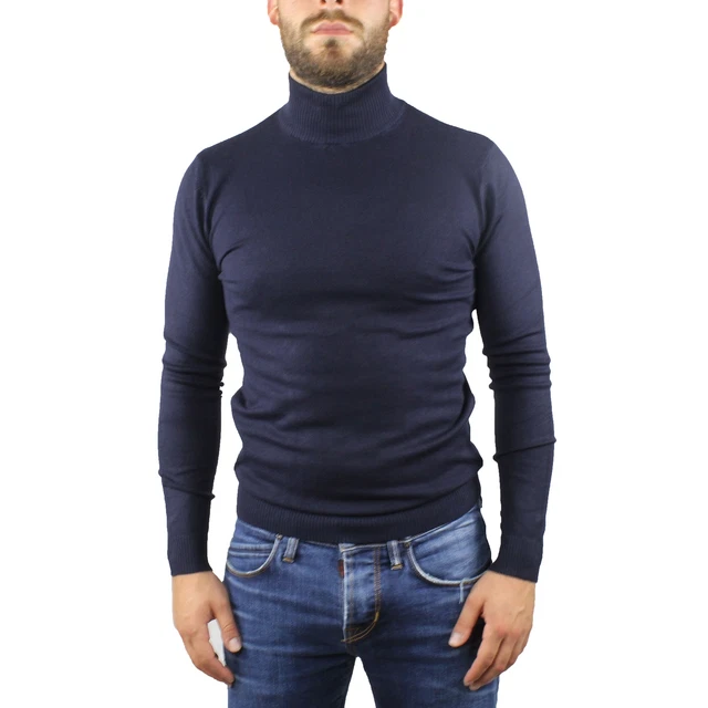 Maglia Maglione Uomo Collo Alto Blu Slim Maglioncino Dolcevita Lupetto Pullover