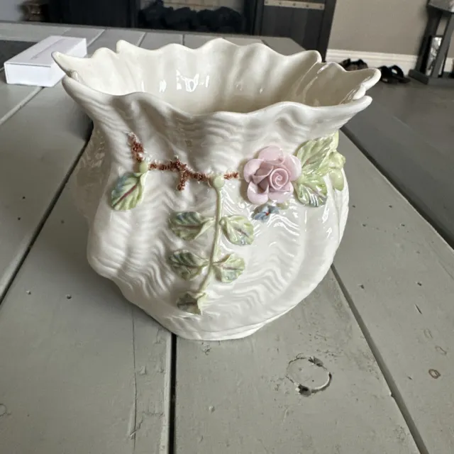 Belleek Millennium 2000 Vase Planter Pot with Rose on Branch w/ Leaves Ireland