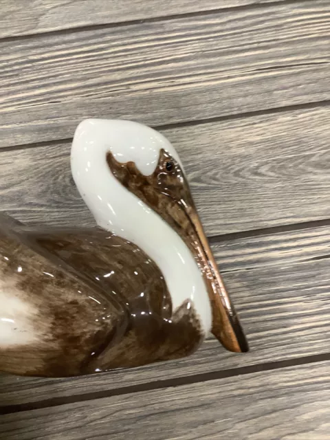 Vintage Glass Pelican Gorgeous Hand Painted Brown White Gloss Decoration
