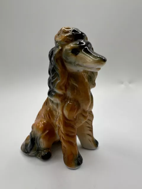 Sitting Afghan Hound Dog Figurine Tan & Black Porcelain Miniature 4" Tall