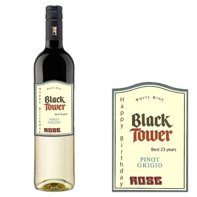 PERSONALISED BIRTHDAY BLACK tower White Wine Bottle Label for any