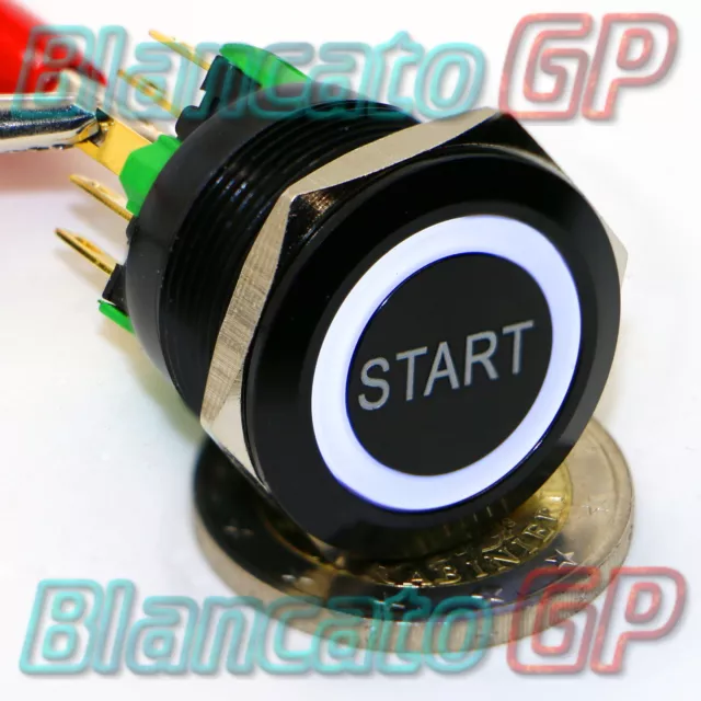 PULSANTE 22mm SPDT MONOSTABILE SIMBOLO START LED 12V BIANCO ILLUMINATO NERO auto