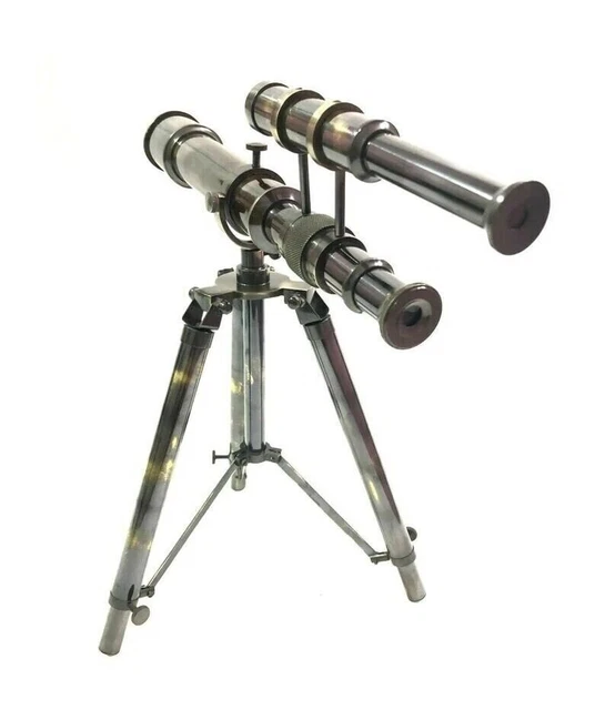 Nautical Brass Telescope  Binocular Leather Antique Desk With Table Tripod Stand