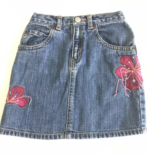 Vintage Gap Girls Denim Jean Skirt Embroidered Hawaii Tropical Flowers Size 4