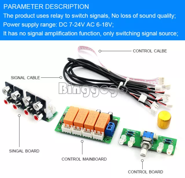Amplifier Relay 4 Way Audio Input Signal Selector Board Rotary Switching 3
