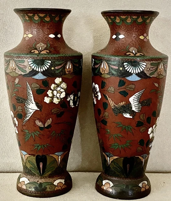 Pair of 19th Century Meiji Cloisonne Vases Birds Butterflies Flowers