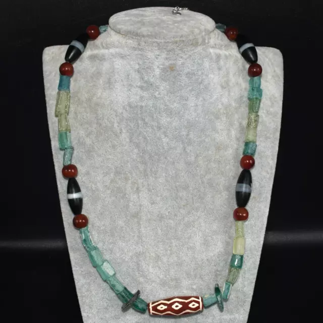 Beautiful Antique Old Etched Carnelian Pyu Chung Dzi Roman Glass Bead Necklace