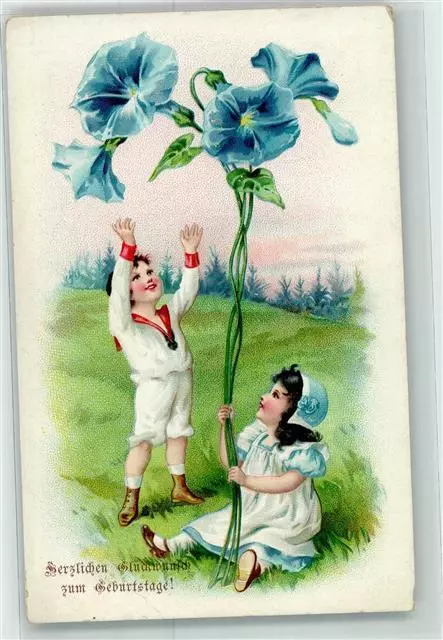 13940770 - Geburtstag Jugendstil Kinder grosse Glockenblumen Matrosenanzug AK