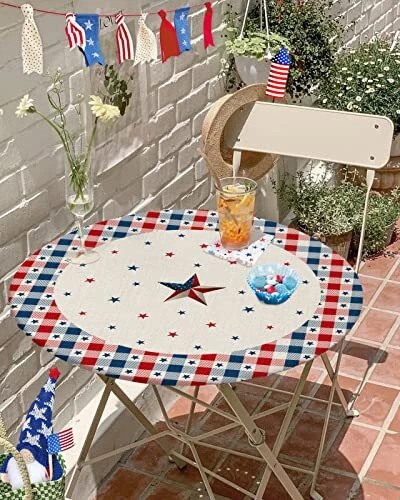 Memorial Day Fitted Round Table Cover with Elastic Edge 4th of July Patriotic