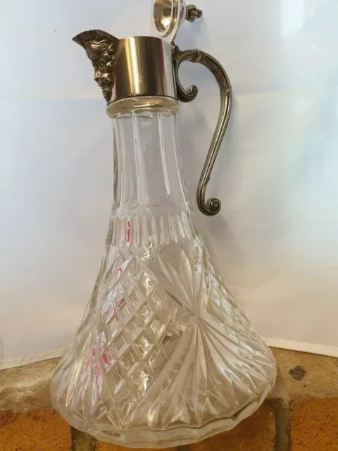 Large Vintage Cut Glass  Pitcher / Decanter Silver Plated Engraved Lid & Handle