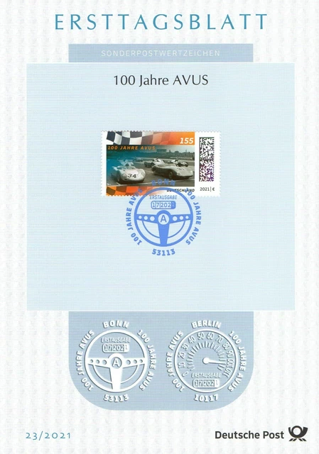 BRD 2021: 100 Jahre AVUS Berlin! Ersttagsblatt Nr 3616 mit Bonner Stempel! 21-10