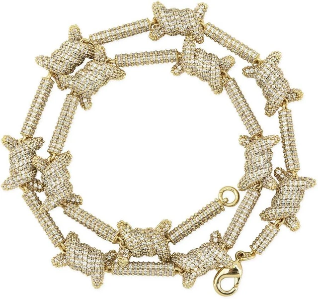 TOPGRILLZ 10mm Iced out Barbed Wire Link Chain 6 Times 14K Gold Filled...