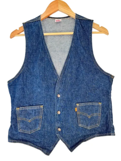 Vintage 70s Levis Denim Jean Vest Orange Tab Size Medium Snaps Pockets
