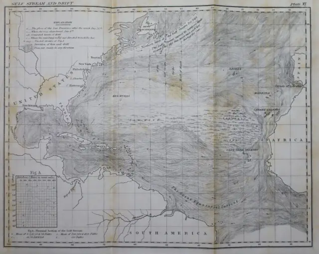 Old Antique 1855 M. F. MAURY Hydrography Map / Chart ~ GULF STREAM and DRIFT