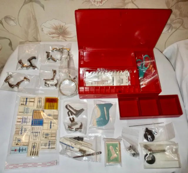 Lot of Bernina Record 830 Accessories In Red Case - Feet, Needles, Tools, Etc.