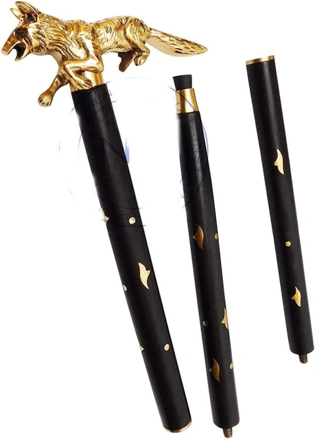 Solid Brass Walking Stick Fox Skull Head Cane Victorian Wooden Rose Wood Cane