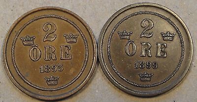 Sweden 1893+99 Two Ore Better Grade as Pictured