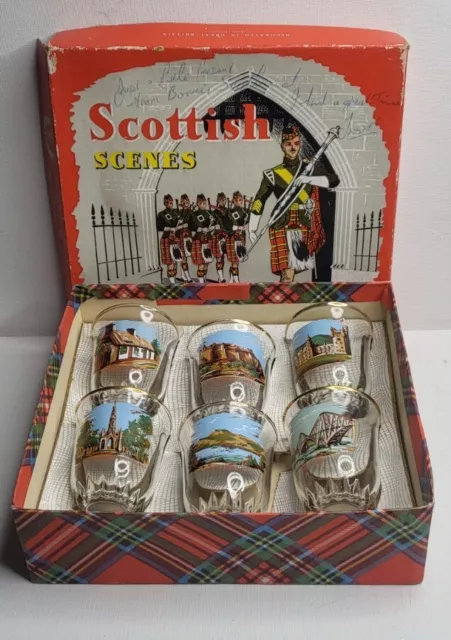 VINTAGE SCOTTISH SCENES DRINKING SET- 6 SHOT GLASSES BOXED- Used Condition