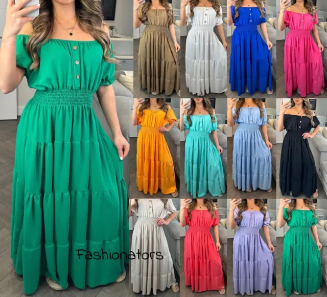 New Womens Elasticated Bardot Off Shoulder Button Magic Summer Long Maxi Dress