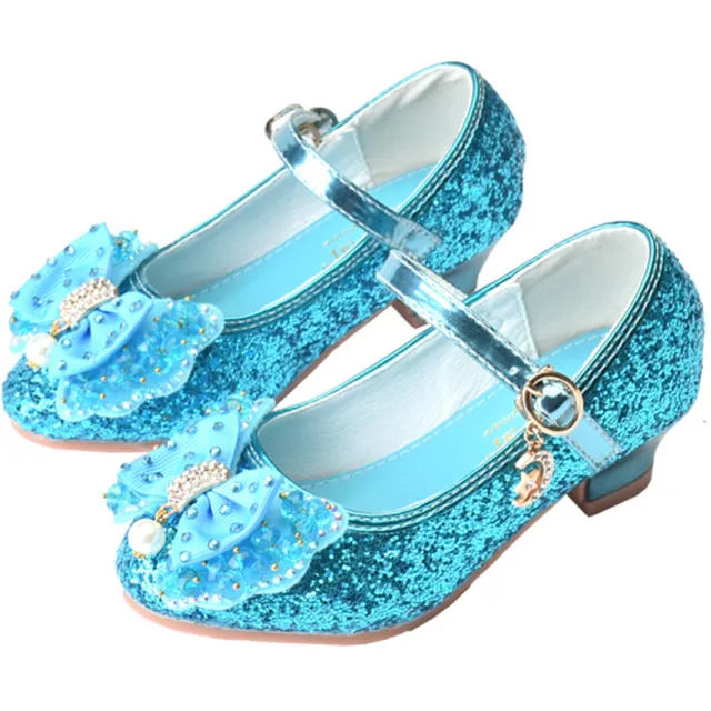 Little Flower Girl Big Kids Mary Jane Bow Sparkly Elsa Princess High Heels Shoes