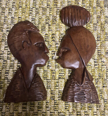 2 VTG African Nigeria Carved Face Head Profile Tribal Style Wood Wall Art Pair