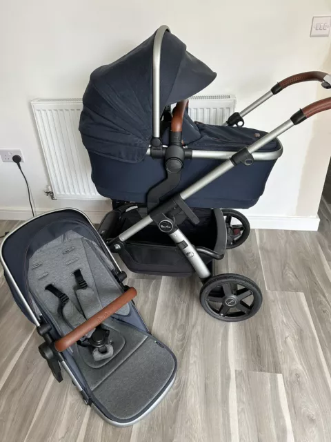 Silver Cross Wave Double Indigo Pram Pushchair Tandem Bundle Magnetic Harness
