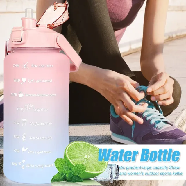 2 Liter Trinkflasche Sportflasche Wasserflasche Mit Strohhalm Zeitmarkierungen !