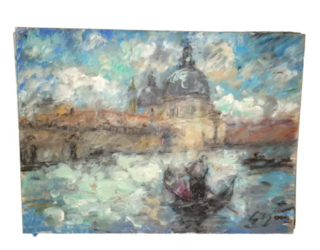 Tableau Ancien : Pastel De Pierre Gogois  Gondolier Sur Le Grand Canal A Venise