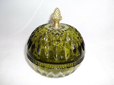 MCM Vintage Green Diamond Glass Lidded Candy Nut Dish w/ Brass Finial Handle