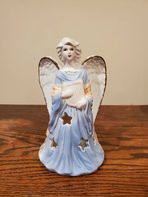 Vintage Porcelain Angel Figurine Tea Light Votive Candle Holder Blue 7"