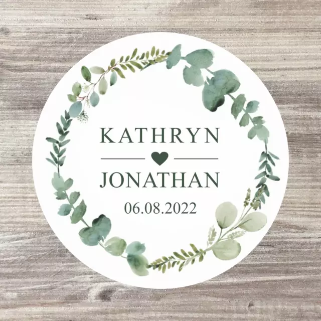 70 Personalised Wedding Stickers, Name Sticker, Wedding Favour, Eucalyptus theme
