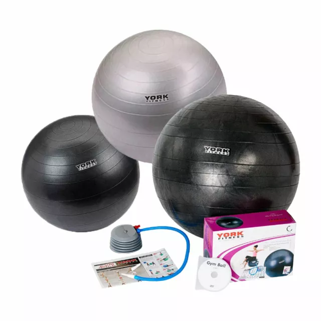 York Exercise Gym Ball Anti-Burst Swiss 55cm 65cm 75cm Fitness Yoga Set with DVD