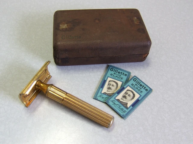 Vintage 1940's Gold HEAVY TECH DE Safety Razor Set in Case