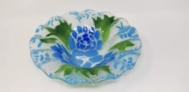 Sydenstricker Fused Glass Bowl Spring Floral Blue Green  6.5”