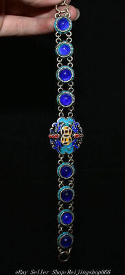 8.8" Old Chinese Silver enamel Blue Gems Jewelry Bat Bracelet Bangle Statue