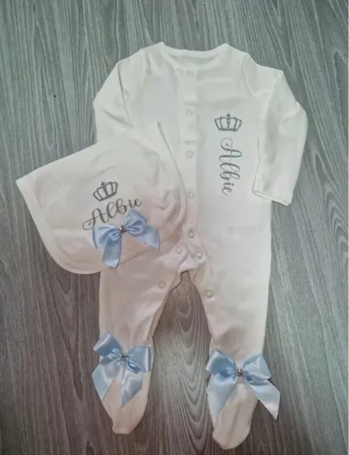 Newborn Baby clothes Girl/boy Sleep suit Romper Crown Bows, set Personalized