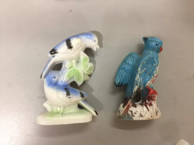 2 Vintage Bluebirds & Parrot Figures~1930S