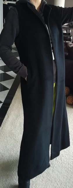 Fleurette vest sleeveless jacket coat maxi LONG CASHMERE chic black leather trim Fleurette vest sleeveless jacket coat maxi LONG CASHMERE chic black leather trim