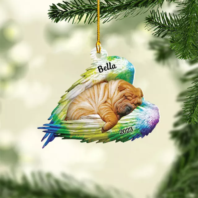 Shar Pei Dog Sleeping Rainbow Angel Wing Ornament, Memorial Dog Christmas Gift