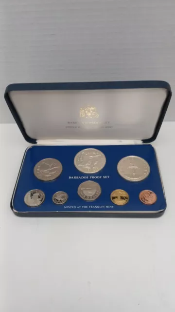 1975 Coinage Of Barbados 8 Coin Proof Set Silver Franklin  Mint Coa