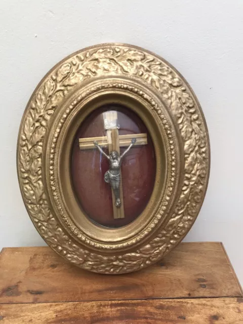 Antique Convex Glass Dome Crucifix French Cross Oval Wood Gesso Frame red Velvet 3