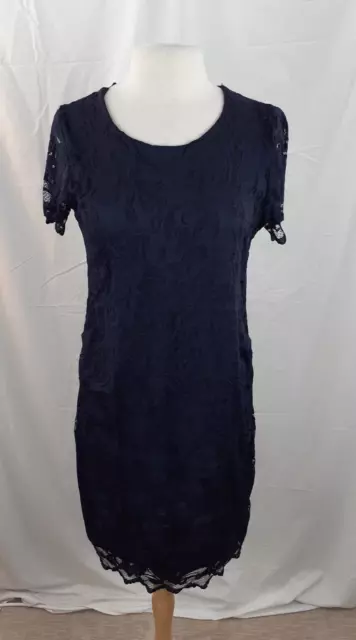 H&M Mama Sz L Navy Blue Lace Short Sleeve Sheath Maternity Dress Stretch Career