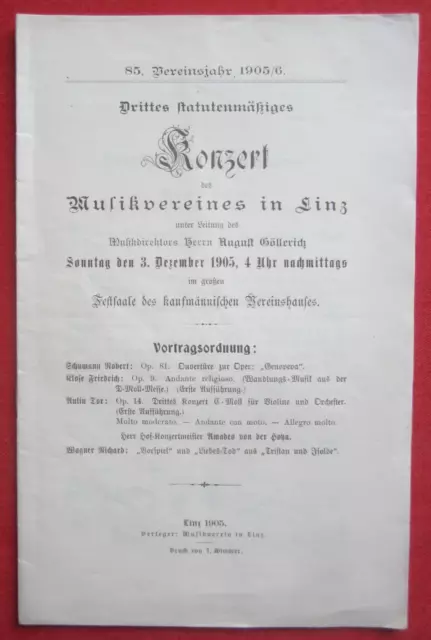 Orig. Programm-Heft Werbung Konzert Musikverein Kaufmännischer Verein Linz 1905