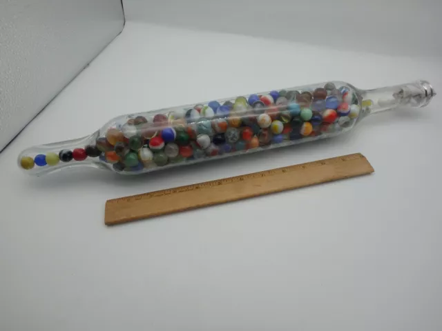 Antique Blown Art Glass Rolling Pin With Lot Of Assorted Vintage Glass Marbles