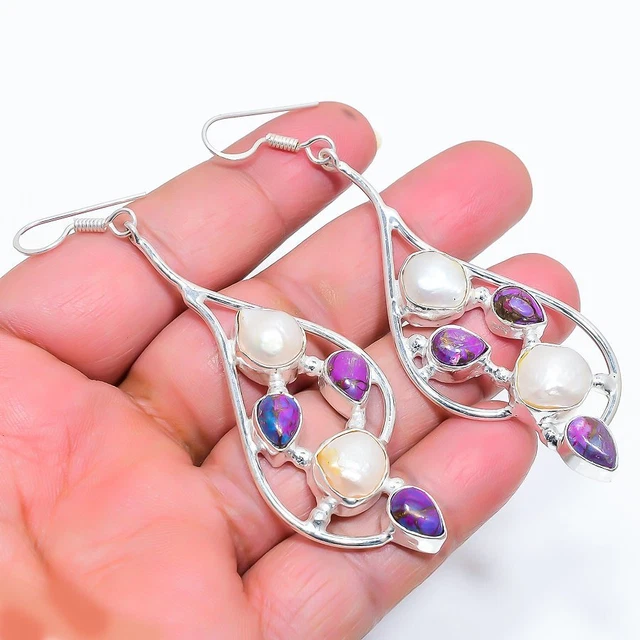 Copper Purple Turquoise, Pearl 925 Sterling Silver Jewelry Earring 3.35" d575