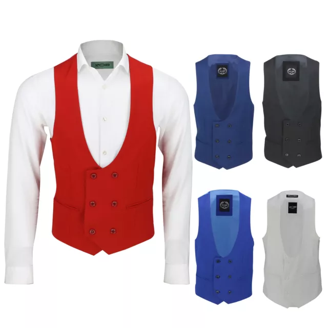 Mens Double Breasted Low U Cut Formal Suit Waistcoat Fitted Smart Casual Vest