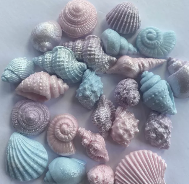 24 edible sea shells Little mermaid wedding cake toppers pink Lilac Blue Cupcake