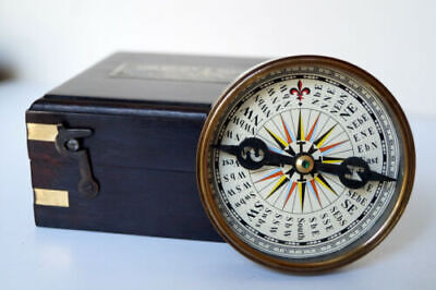 Antique Brass Vintage Flat Compass Marine Maritime With Wooden Box Handmade Gift