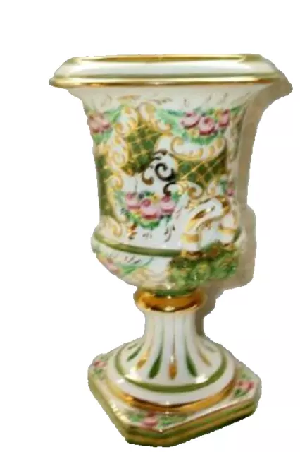 ITALIAN CAPODIMONTE URN VASE HP ROSES GILT LION HEAD HANDLES 1960s MID CENTURY