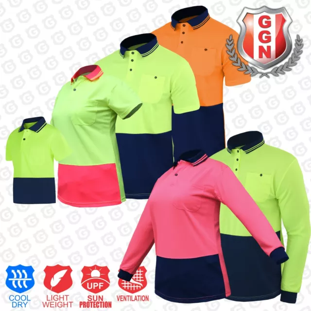 HI VIS Polo Shirts Men Ladies Kids Work Wear Classic 2 Tone Contrast Cool Dry